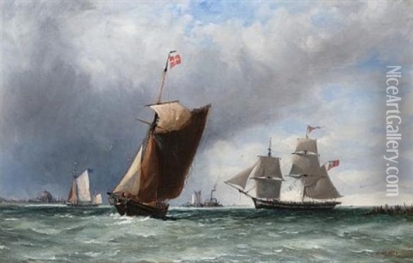 An English Merchant Brig Amidst Smaller Craft Off The Coast Oil Painting - Ebenezer Colls