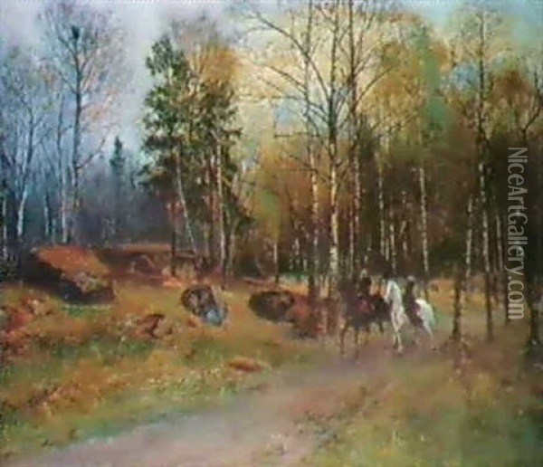 Ridande Sallskap I Bjorkskog Oil Painting - Olof Hermelin
