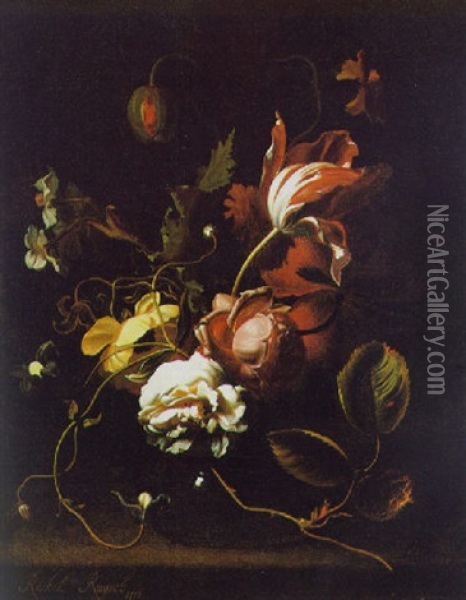 Eine Tulpe, Eine Weise Rose, Eine Nelke Und Andere Bluten In Einer Glasernen Vase Oil Painting - Rachel Ruysch