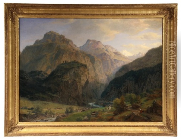 Alpine Valley Oil Painting - Johann Jakob Vollweider