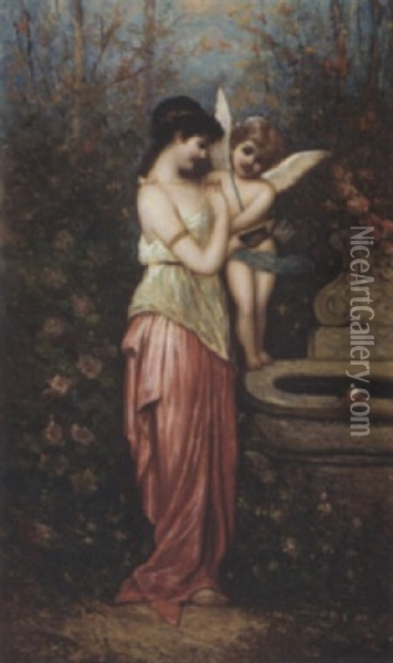 The Poetry Of Love By The Fountain Oil Painting - Egisto Ferroni