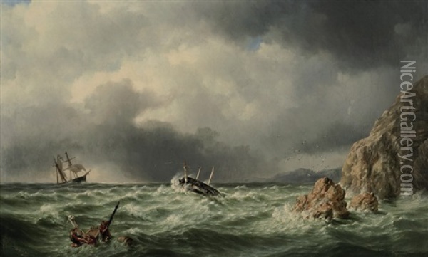 Schiffbruch An Felsiger Kuste Oil Painting - Johannes Hermanus Barend Koekkoek