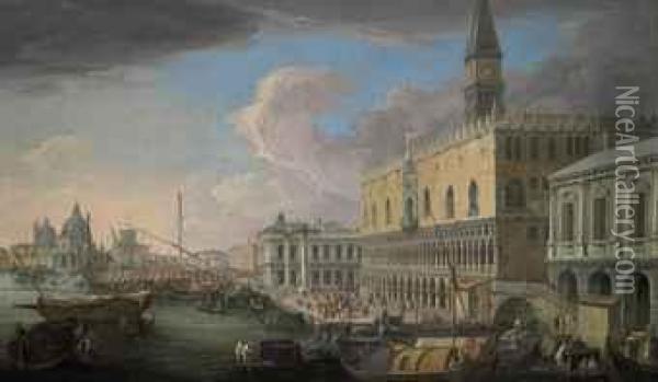 View Of The Molo, Venice, Looking West Oil Painting - Luca Carlevarijs