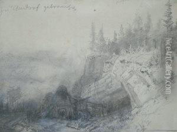 Burkel, German -- Workers And A 
Cabin In A Wooded Mountain Landscape; Pencil, Inscribed, 27x36.5cm Oil Painting - Heinrich Burkel