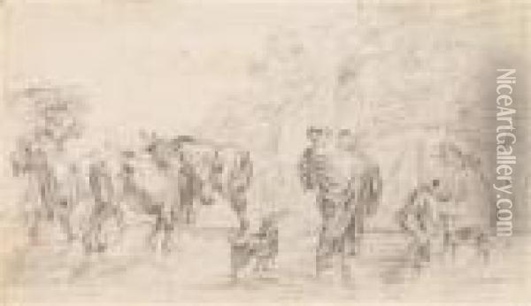 Bauern Mit Ihrerherde Am Fluss Oil Painting - Nicolaes Berchem