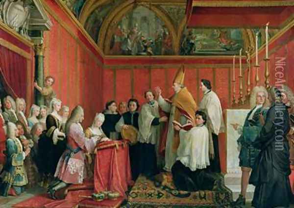 The Solemnization of the Marriage of Prince James Francis Edward Stuart 1688-1766 and Princess Maria Clementina Sobieska 1702-35 at Montefiascone 1st September 1719 1735 Oil Painting - Agostino Masucci