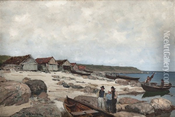 Kystlandskap Med Fiskere, Naust Og Robater Oil Painting - Nicolai Martin Ulfsten