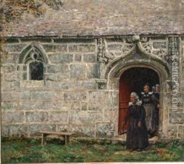 Women Departing A Stone Church In Brittany Oil Painting - Wilson Henry Irvine
