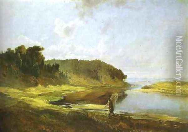 Landscape with River and Angler (1859) Oil Painting - Alexei Kondratyevich Savrasov