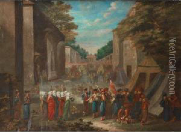La Cour Du Serail Pendant La Revolution De 1730 Oil Painting - Jan-Baptiste Vanmour