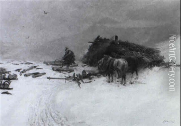 Holzf,ller Im Winter Bei Der Arbeit Vor Einem Holzschuppen Oil Painting - Albert Mueller-Lingke