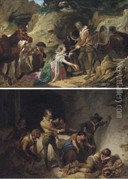 Dorotea Pretends To Be The 
Princess Micomicona; And Sancho Panzadrinks The True Balsam Of Fierbras:
 Two Scenes From Donquixote Oil Painting - Jose Jimenez y Aranda