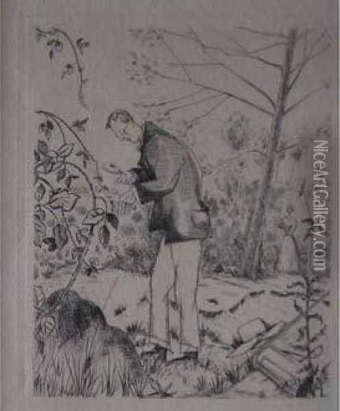 L'observateur / Ant Watching. Frontispice Pour La Vie Des Fourmis De Maeterlinck. 1930 Oil Painting - Jean Emile Laboureur