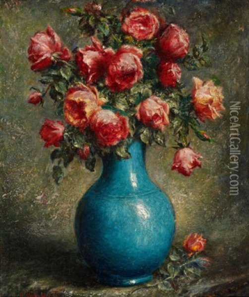 Still Life With Roses Oil Painting - Adolfo Felice Mueller-Ury