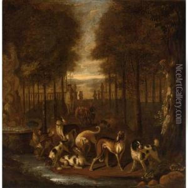 Spaniels And Other Hounds In A 
Park Setting Next To A Fountain, A Sportsman And A Traveller Beyond, An 
Extensive Landscape In The Distance Oil Painting - Adriaen Cornelisz. Beeldemaker