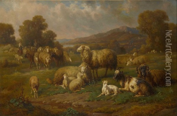 Schafherde In Vorgebirgslandschaft Oil Painting - Louis (Ludwig) Reinhardt
