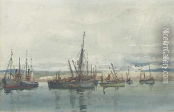 Tugs And Fishing Boats Lying At Anchor Oil Painting - Alfred James Collister
