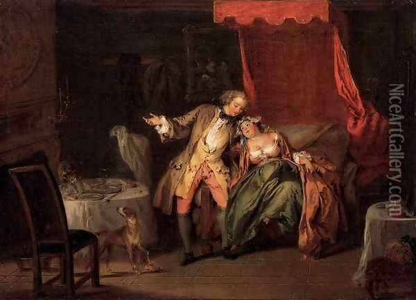 Mme. de Bouvillon Tempts Fate by Asking Ragotin to Search for a Flea Oil Painting - Jean-Baptiste Joseph Pater