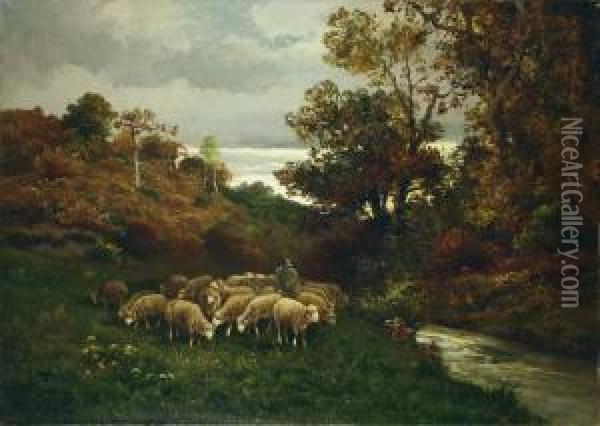 Schafer Mit Herde An Herbstlichem Bachufer. Oil Painting - Charles Jacques