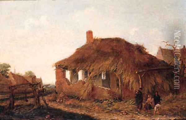 A gypsy woman with travellers by a ruined barn in a landscape Oil Painting - Emmanuel Murant