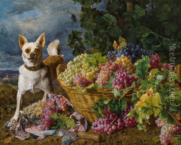A Dog Guards Grapes Oil Painting - Ferdinand Georg Waldmueller