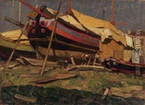 Barche Al Porto Oil Painting - Angelo Pavan