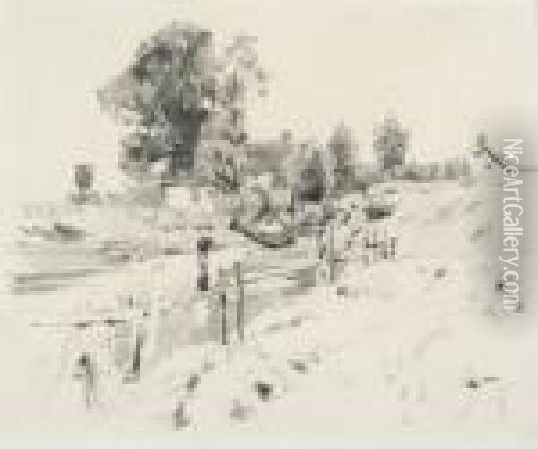 Blick Auf Seichten Fluss Mit 
Einer Kuh, Im Mittelgrund Ein Weiler Mit Grossen Laubbaumen. Oil Painting - Augusto Giacometti