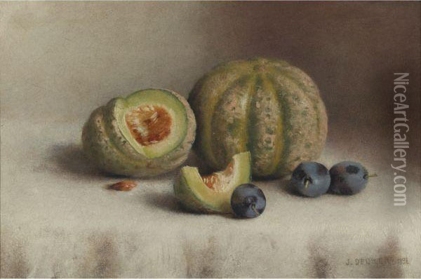 Still Life With Plums And Melons Oil Painting - Joseph Decker