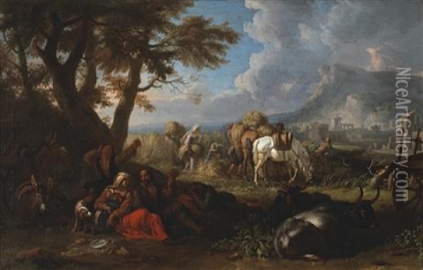 An Extensive Landscape With Harvesters Working In A Field And Others Resting Under A Tree Oil Painting - Pieter van Bloemen