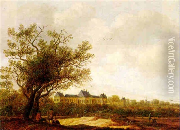Extensive Landscape With Figures, Rijswijk Castle Beyond Oil Painting - Anthony Jansz van der Croos