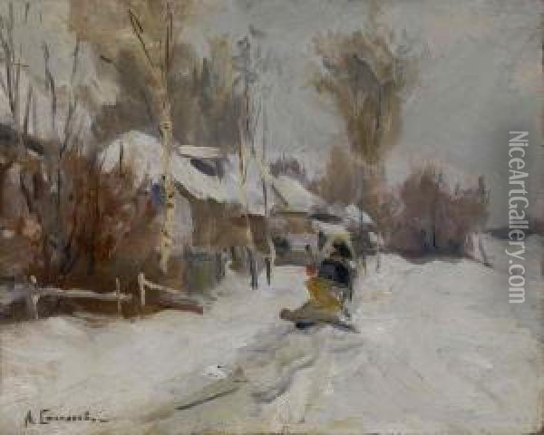 Winter Scene With Horse Sledge Oil Painting - Aleksi Stepanovich Stepanov
