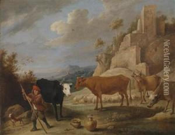 A Shepherd And His Flock In A Landscape With Ruins Oil Painting - David The Younger Teniers