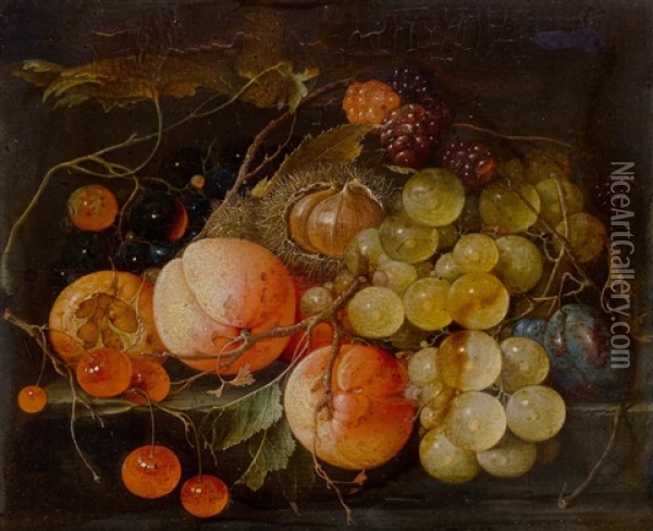 Still Life Of Fruits With Peaches And Grapes On A Stone Slab Oil Painting - Cornelis De Heem