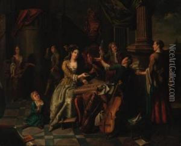 Elegany Company Making Music At A Table On A Terrace Oil Painting - Jan Jozef, the Younger Horemans