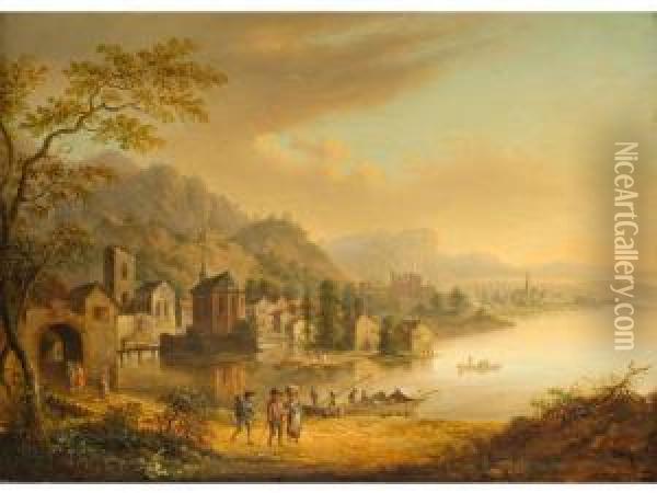 Flusslandschaft Mit Uferbebauung Undruine Oil Painting - Christian Georg Ii Schuz