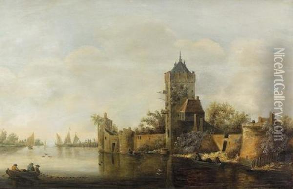 Flusspartie Mit Befestiger Ortschaft. Oil Painting - Jan van Goyen