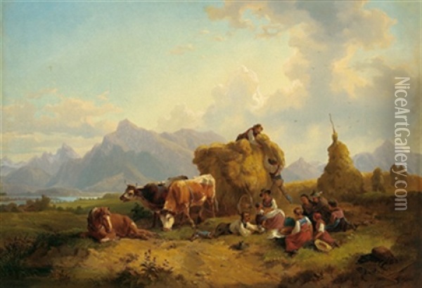 Ernteszene Im Salzburgischen Mit Blick Auf Den Untersberg Oil Painting - Friedrich Gauermann