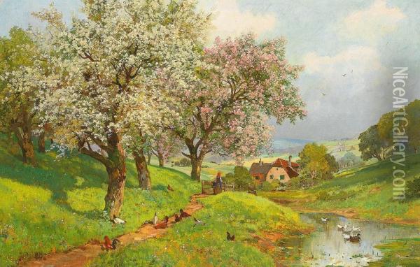 Hugelige Landschaft Mit Bluhenden Obstbaumen, Gehoft Und Federvieh An Einem Prachtvollen Fruhlingstag Oil Painting - Alwin Arnegger