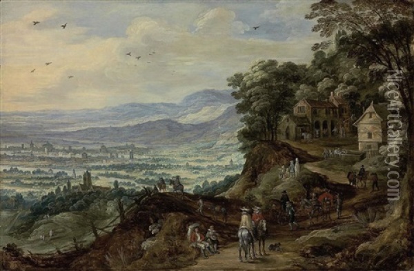 An Extensive Landscape With Travellers Near A Mountain Village Oil Painting - Philips de Momper the Elder