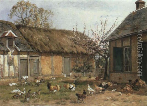 Rabbits And Poultry In A Farmyard Oil Painting - William Baptiste Baird