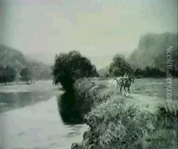 Flusslandschaft Mit Einem Reiter Oil Painting - Stephen E. Hogley