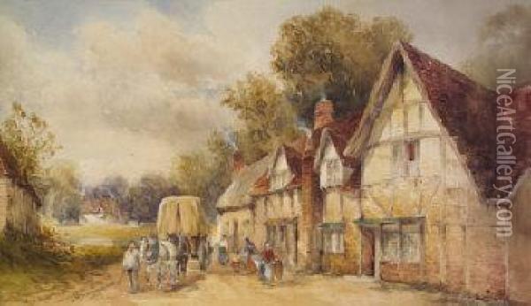 Village Scene With Figures, Horses And Cart Oil Painting - William Bingham McGuinness