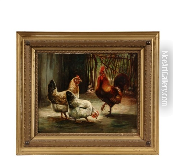 Rooster With Two Chickens In Yard Oil Painting - Susan Catherine Waters