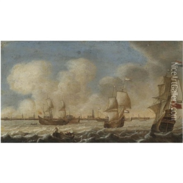 Dutch Shipping Off The Coast Of Amsterdam Oil Painting - Pieter Coopse