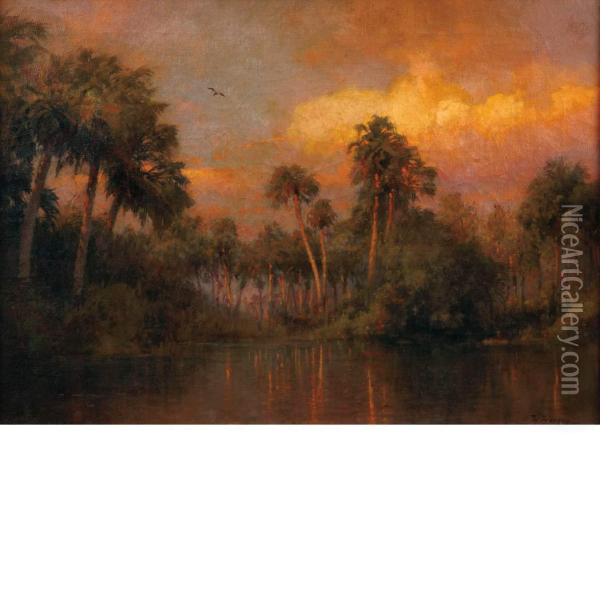 Sunset In The Florida Everglades Oil Painting - Herman Herzog