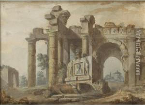 Ruines Romaines [charles Louis 
Clerisseau ; Roman Ruins ; Pen And Brown Ink, Gouache, Watercolour] Oil Painting - Charles Louis Clerisseau