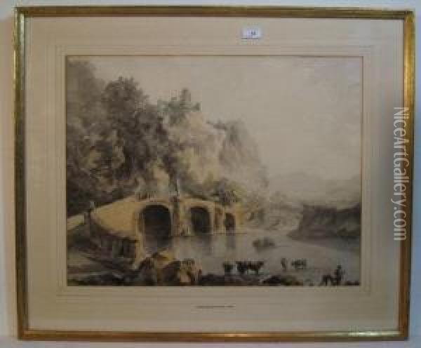 Figures Crossing A Bridge Below Castle On High With Cattle Watering Oil Painting - Thomas Daniell