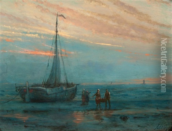 The Unloading Of A Barge At Dusk Oil Painting - Petrus Paulus Schiedges the Elder