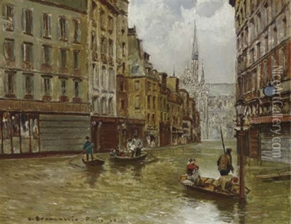 A Street Behind The Cathedral Of Notre Dame During The Flood Of 1910, Paris Oil Painting - Carlo Brancaccio