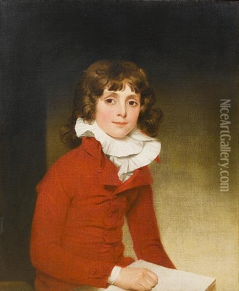 Portrait Of A Young Boy, Seated, Half-length, In A Red Coat With A White Chemise Oil Painting - Ramsay Richard Reinagle